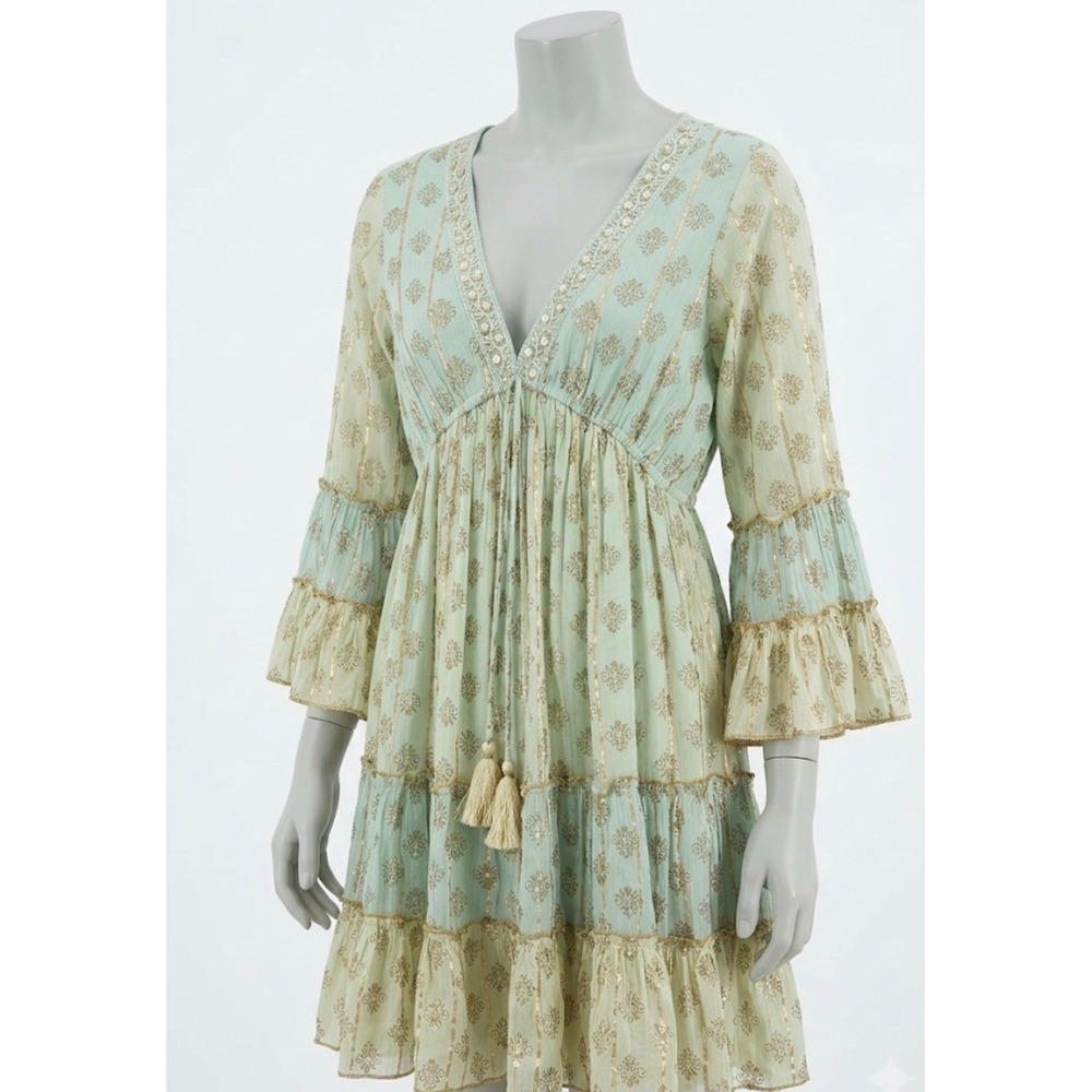 Ananta Tiered Dress S/M Mint Gold Tassel Whimsigoth Boho Fairy Celestial